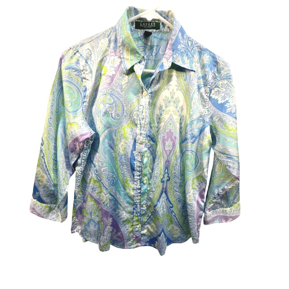 Lauren Ralph Lauren Shirt Petite Small Paisley Button Up Long Sleeve Green Blue